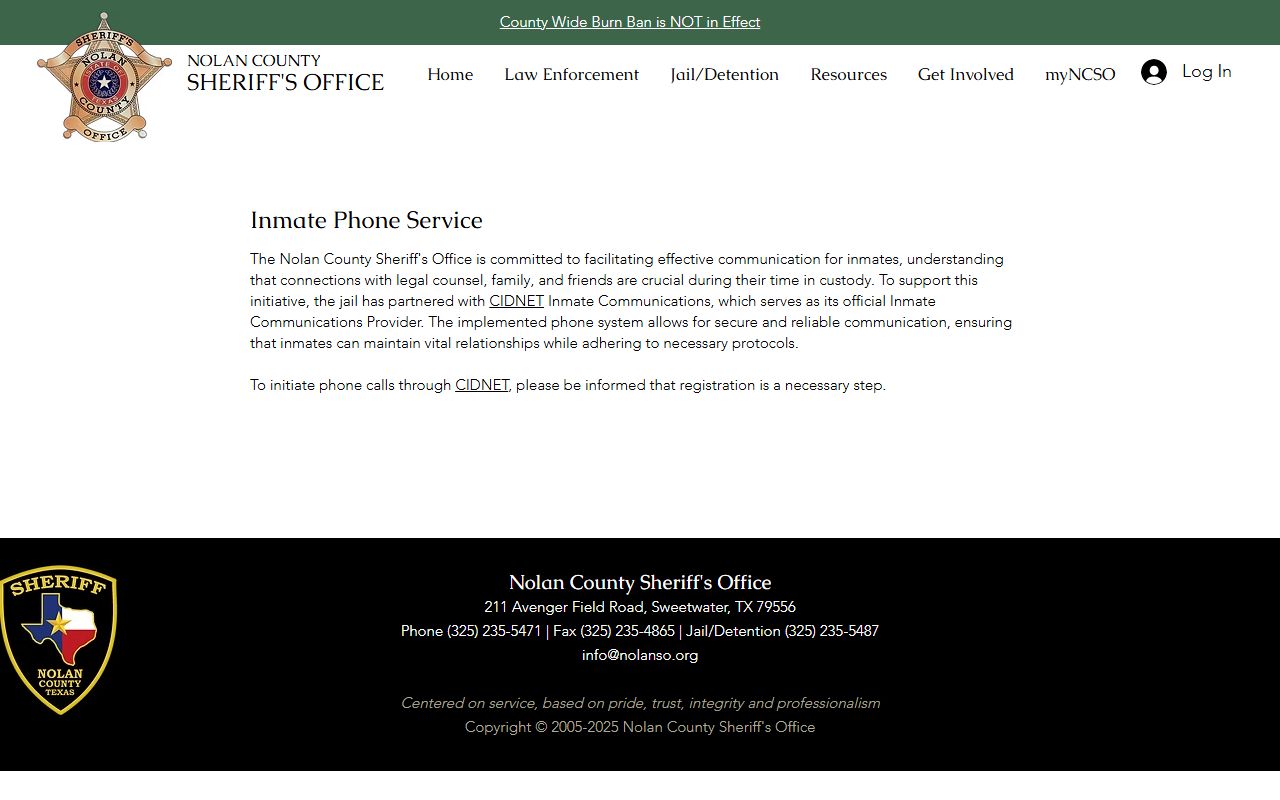 Nolan County Jail CIDNET inmate phone service
