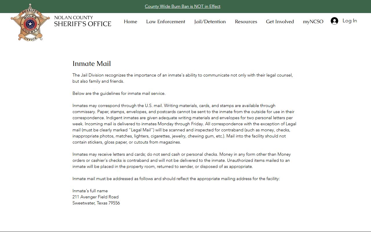 Nolan County Jail inmate mail address and mail rules