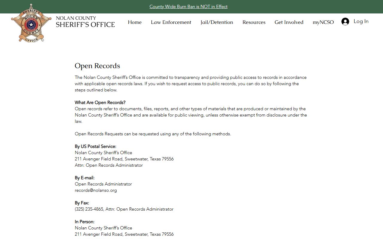 Nolan County booking photo open records request instructions