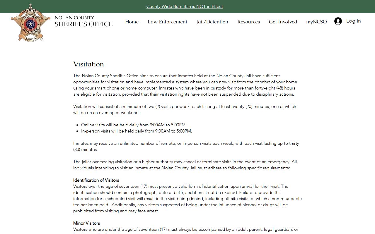 Nolan County Jail visitation schedule and inmate visit rules